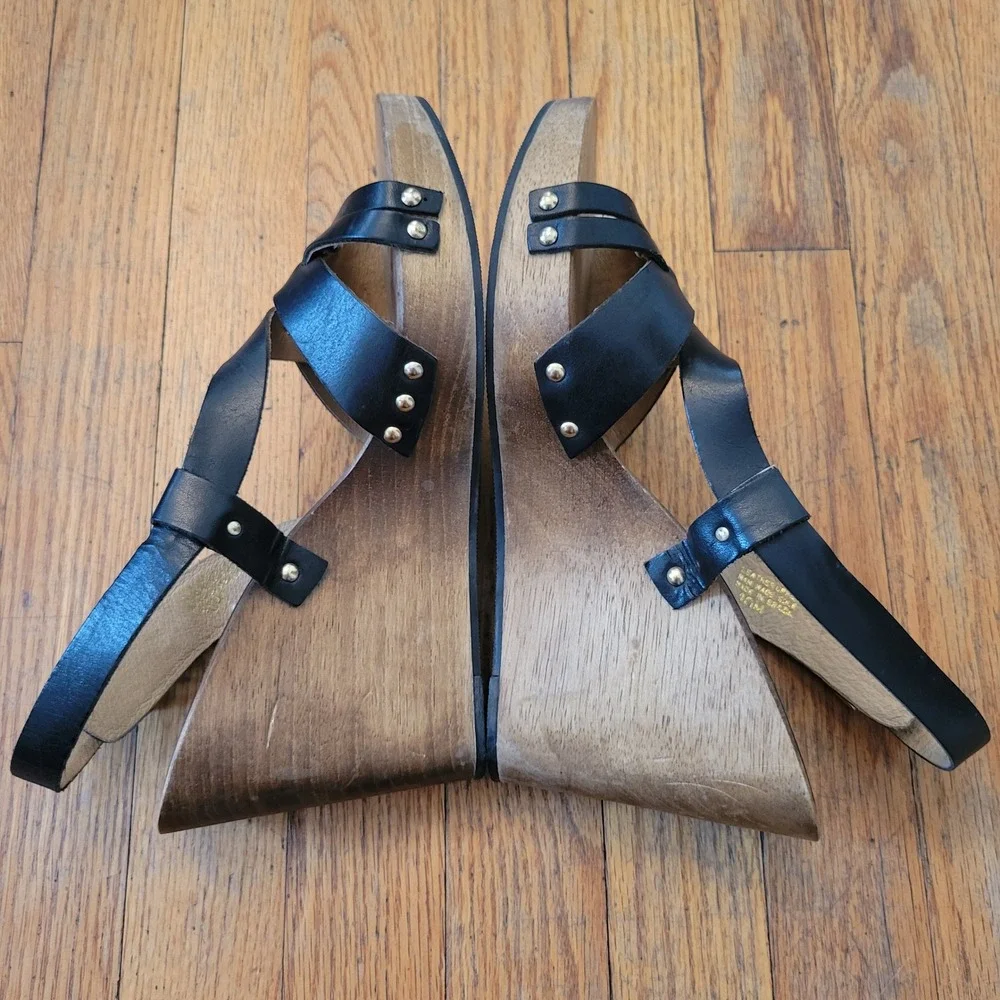 Michael Kors 10 Wedge Sandals Black Leather Wood Platform Open Toe Inglewood
